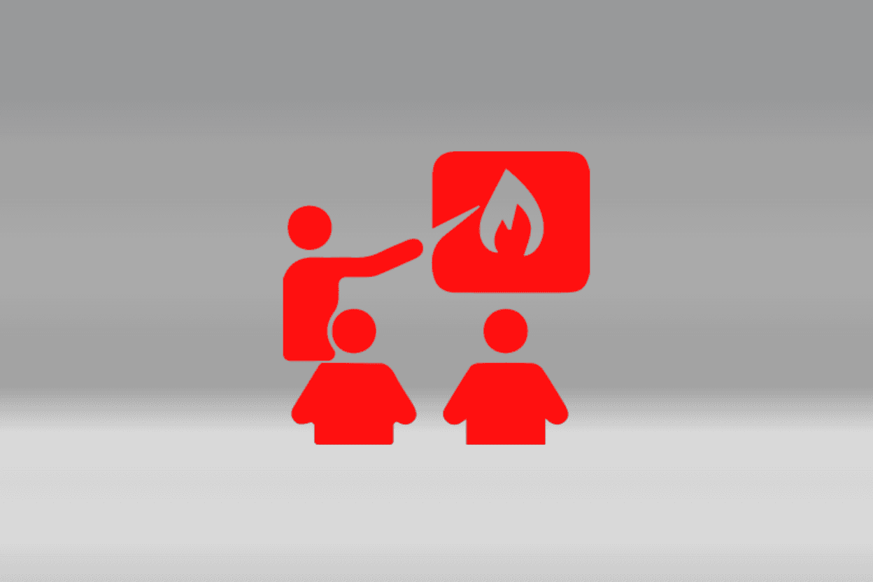 Pictogramme de formation incendie : formateur, flamme et stagiaires
