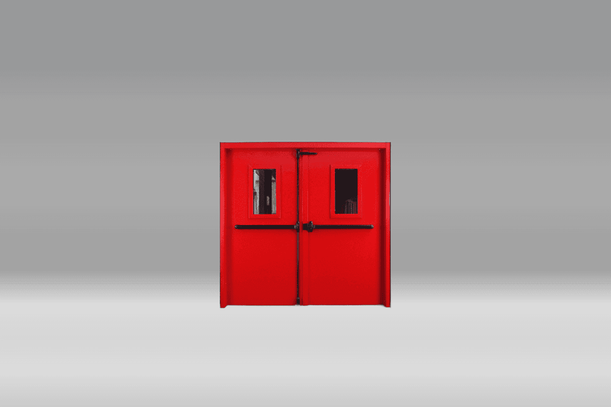 Bloc-porte coupe-feu deux vantaux avec barres anti-panique, sur fond studio